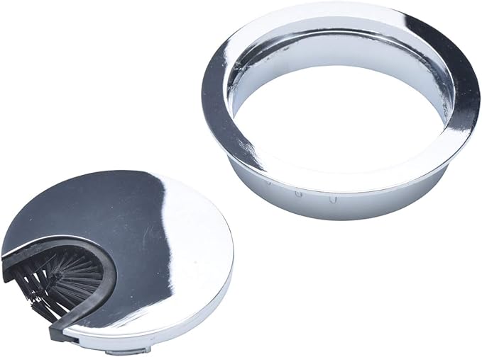 Polished Chrome Metal Cable Grommet | 2 Piece "Lock in" Feature with "Brush" Opening for Management of Office & Computer Desk Wires | 60mm (2 3/8") Hole Opening | 1 Pack
