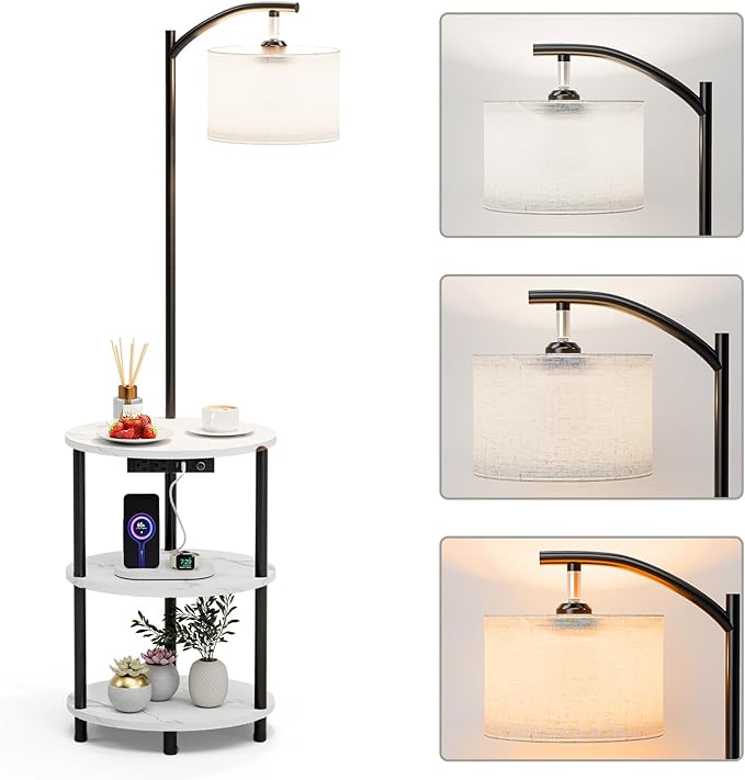 Round Side Table with Lamp and USB Ports, 3-Tier Small End Table for Living Room & Bedroom, Rustic Wood Metal Nightstand for Small Spaces, Easy to Assemble, Marble White