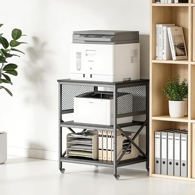 KaKaBB 3-Tier Rolling Printer Stand with Adjustable Storage Shelf, Large Mobile Office Cart with Locking Wheels, Printer Table for Home Office, 23.6 x 18.9 x 30 Inches (Black)