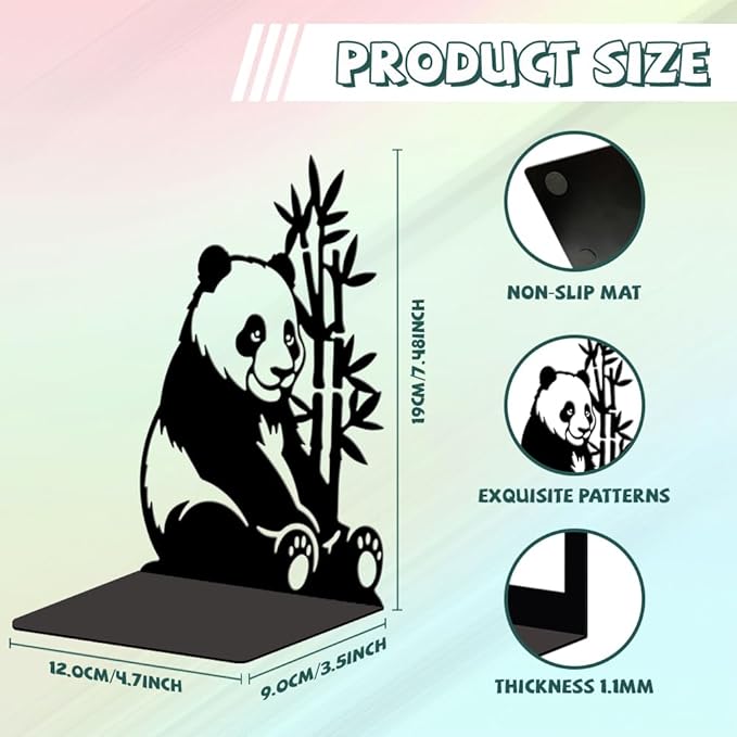Peacoblue Metal Bookends for Shelves, Modern Decorative Heavy Duty Study Book Support Stoppers for Office, Desk, Shelf, Room 5.3"x4.3"x7.5" Cast Iron Simple Tall Bookends, 1 Pair (Panda and Bamboo)