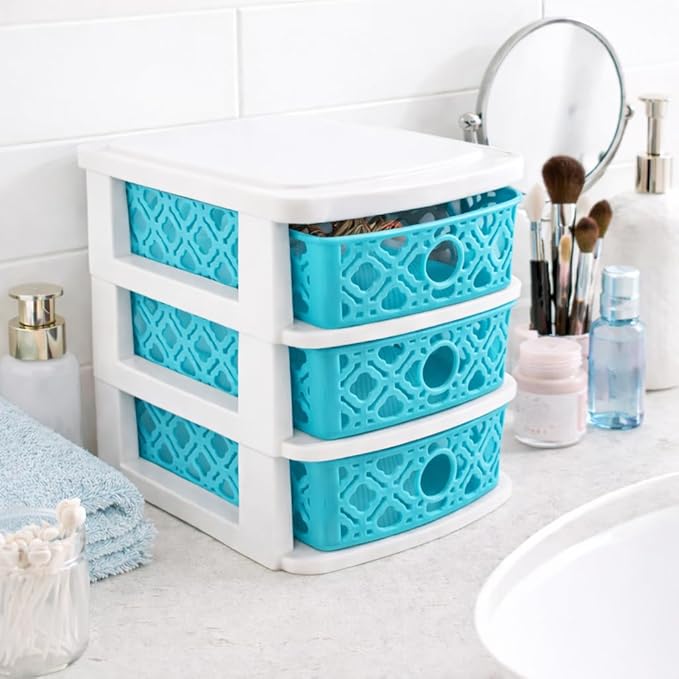 3 Drawer Basket Weave Mini Plastic Organizer Makeup HBA Cosmetics Arts & Crafts Desktop Stationary (Teal)
