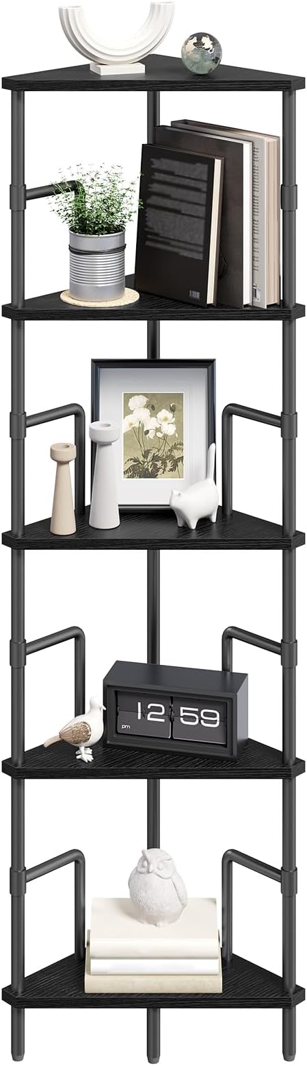 MAHANCRIS 52.8" Corner Shelf, 5-Tier Industrial Corner Bookshelf with Metal Frame, Small Plant Stand, Display Shelf for Living Room, Bedroom, Home Office, Small Spaces, Black CSBK5501