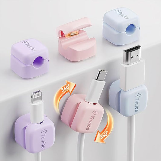 6Pack Rotatable Cord Organizer,Spring Cable Clips Desk Cable Management Cord Holder Adhesive Phone Charger Cord Clips for Home Office Car Wall Nightstand Accessories, Multicolor