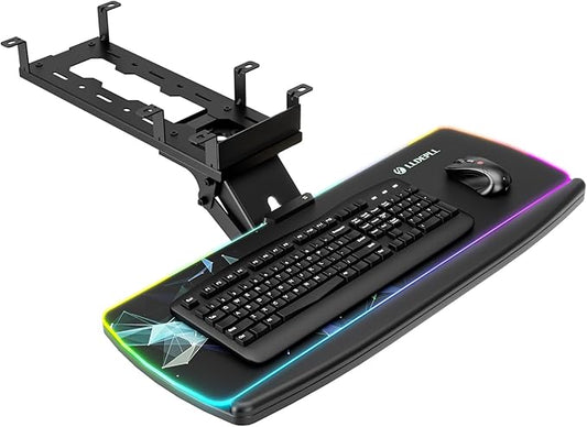 Keyboard Tray Under Desk with Storage Drawer, Height Adjustable Keyboard Tray Slide Out 360° Swivel Tilt, Ergonomic Under Desk Mount Keyboard & Mouse pad Lighting, Black