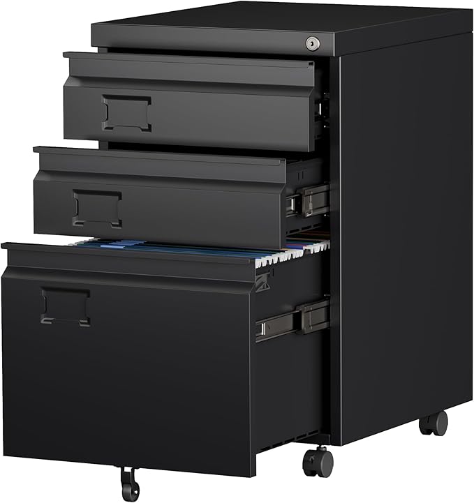 SUXXAN 3 Drawer File Cabinet with Lock, Heavy Duty Metal Mobile Filing Cabinet for Home Office, Under Desk Storage Organizer with Name Holder, Fits Legal/Letter/A4 Size, Assembly Required