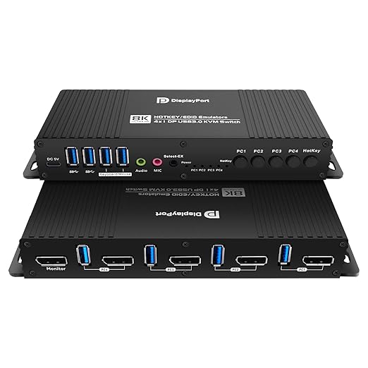 kvm Switch displayport 1 Monitors 4 Computers Edid Hotkey Switching edid kvm Switches Laptop Desktop pc 1 Monitors Displayport 1.4 1440P 144Hz 165Hz 240hz Single Monitor Hotkey