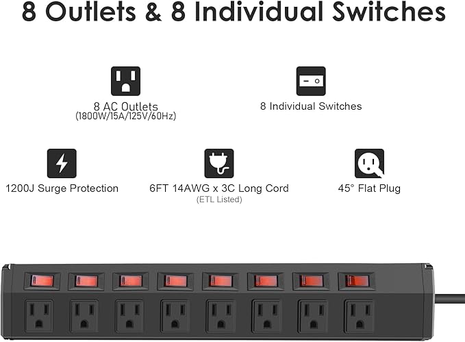 4PCS 8 Outlet Heavy Duty Power Strip with 8 Individual Switches,Moutable Metal Power Strip Surge Protector 1200 Joules,6FT 14AWG Extension Cord,15A 1800W 125V 60Hz