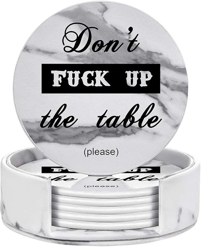 Funny Coasters, 6 Pcs Leather Coasters with Holder, Perfect Housewarming Hostess Gifts, Protect Furniture from Water Marks Scratch and Damage(6Pcs, White Marble)