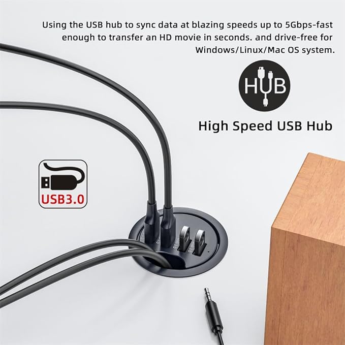 NFHK USB 3.0 Hub SD TF USB-C 2 Port USB 60mm Desk Grommet Splitter Dock Station Micro-SD Card Reader for Desktop PC