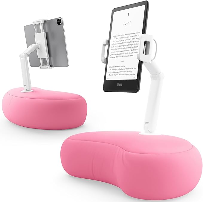 SAIJI Tablet Pillow Stand for Bed – iPad & Kindle Holder with Flexible Dual Axis Arm & Microbead Cushion, 360° Adjustable Lap Beanbag Phone Holder Fits Devices with 4.7"–15.6" Screens (Pink)