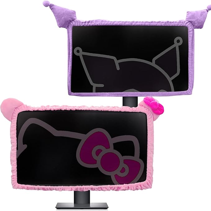 23'' - 34'' Computer Monitor Protective Cover with Cat Ear Design, Cute Monitor Dust Cover with Furry Design, Elastic Dustproof, Suitable for PC, Tablet, TV