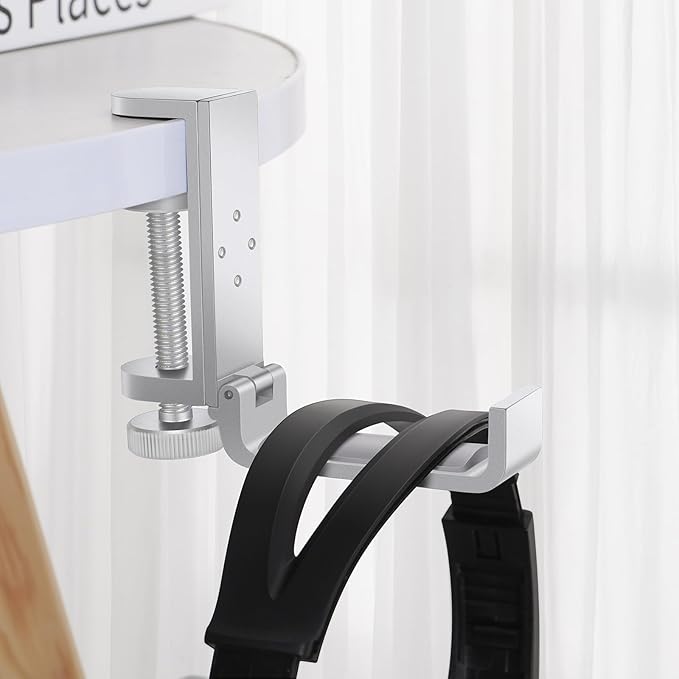 All Aluminum Foldable Headphone Holder - Universal Stand for Gaming PC Accessories, Under Desk Clamp Hook (Silver)