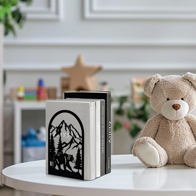 Peacoblue Metal Bookends for Shelves, Modern Decorative Heavy Duty Study Book Support Stoppers for Office, Desk, Shelf, Room 5.3"x4.3"x7.9" Cast Iron Bookends, 1 Pair (Mountain and Forest with Bear)