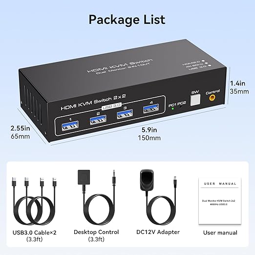 KVM Switch 2 Monitors 2 Computers 4K60Hz HDMI Dual Monitor KVM Switches for Dual PC Share 1 Set of Keyboard Mouse Printer Wired Controller 12V 1A DC Adapter and 2 USB 3.0 Cable Included
