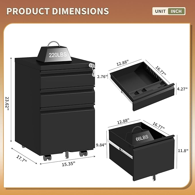 3 Drawer Metal File Cabinet with Lock and Wheels, Mobile Under Desk Filing Cabinet for Home Office, Lockable Organizer for Letter/Legal/A4, Rolling Storage Cabinet for Office & Study, Black