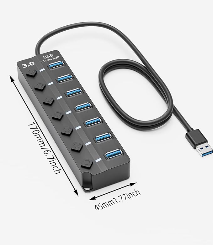 Eanetf USB 3.0 Hub, 7-Port with Individual On/Off Switches & LED Indicators, 5Gbps High-Speed Data Hub for Laptop, PC, MacBook, Surface Pro, PS5, HDD, Flash Drive (4ft Cable)