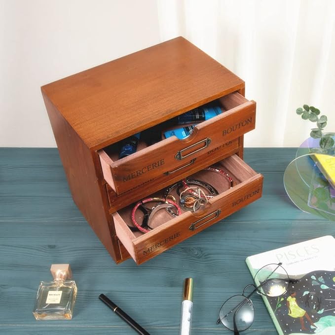 Wooden Storage Box with 4 Drawers Vintage Office Supplies and Accessories Letter Tray Wood Desktop School Supply Organizer Library Card Catalog Cabinet with Lables Rustic Jewelry Box (BROWN)