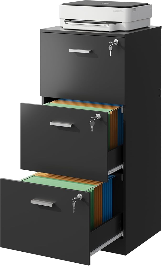 DEVAISE 3 Drawer File Cabinet, Vertical Wood Filing Cabinet with Lock for Home Office, Printer Stand for Letter and A4 Size, Black