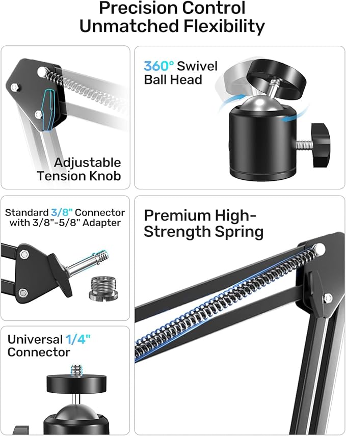 Webcam Stand, Boom Arm Camera Mount Stand for Logitech Webcam BRIO 4K C920 C920S C922 C922x C925e C930 NexiGo N60, 1/4"-3/8" and 3/8"-5/8" Screw for Blue Yeti Snowball Yeti Nano and Other Mics