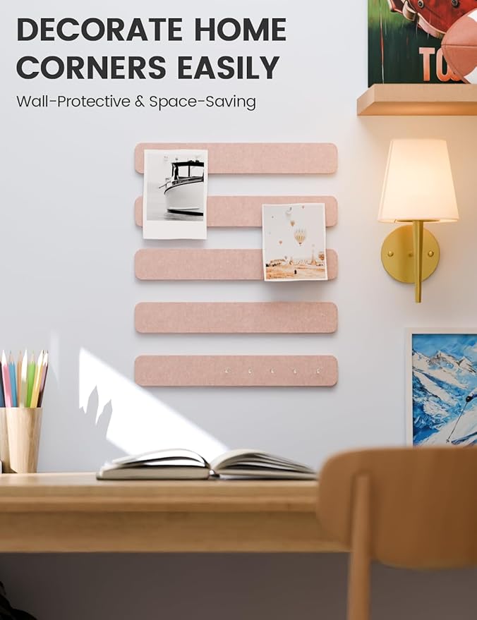 Fluxynara Cork Board Alternative Felt Strip Board 5-Pack 13"x2", Office Pin Board with 35 Push Pins, Adhesive Install for Bedroom Door & Home Office(Pink)
