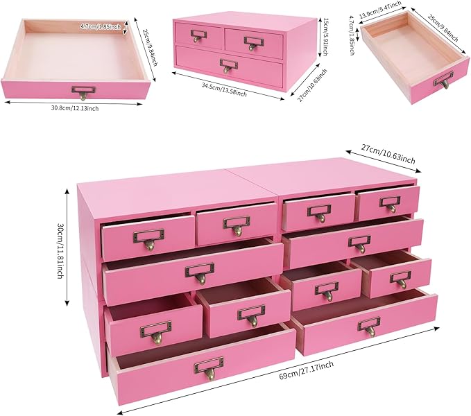 4 Packs Vintage Desktop Apothecary Cabinet with 3 Drawers,Wood Desktop Organizers Stackable Drawers Desktop Chest Drawer for Herb Storage,Tea Collection,Stationery (Pink)