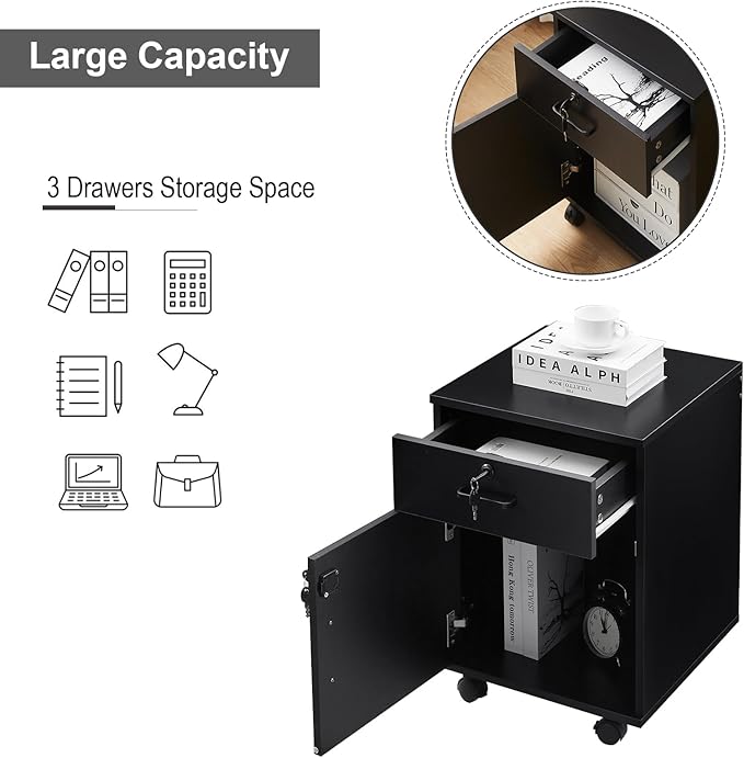 OFCASA 2 Drawer File Cabinet with Lock, Small Rolling Filing Cabinets for Home Office, Wood Under Desk File Cabinet with Wheels, Mobile Storage Organizer, Printer Stand for Letter/Legal, Black