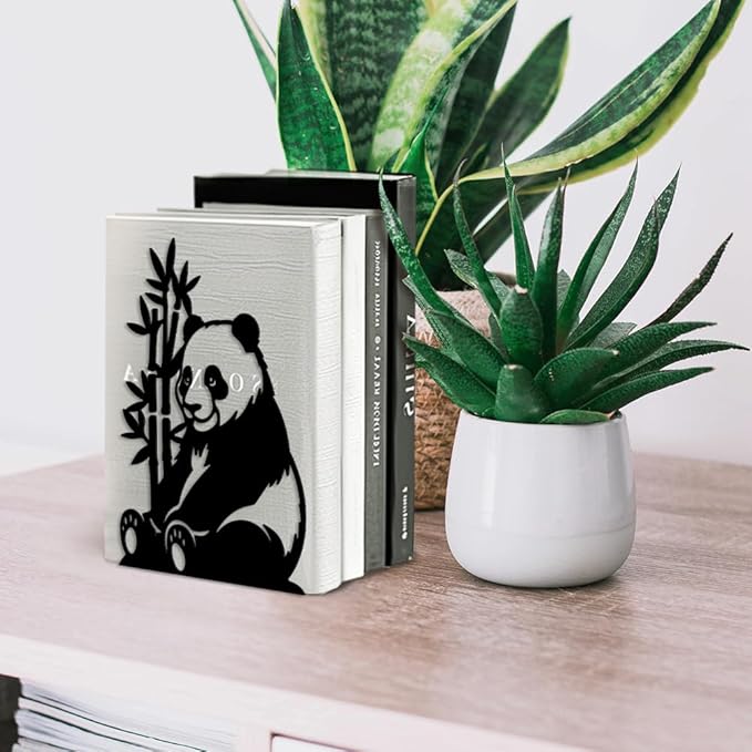 Peacoblue Metal Bookends for Shelves, Modern Decorative Heavy Duty Study Book Support Stoppers for Office, Desk, Shelf, Room 5.3"x4.3"x7.5" Cast Iron Simple Tall Bookends, 1 Pair (Panda and Bamboo)