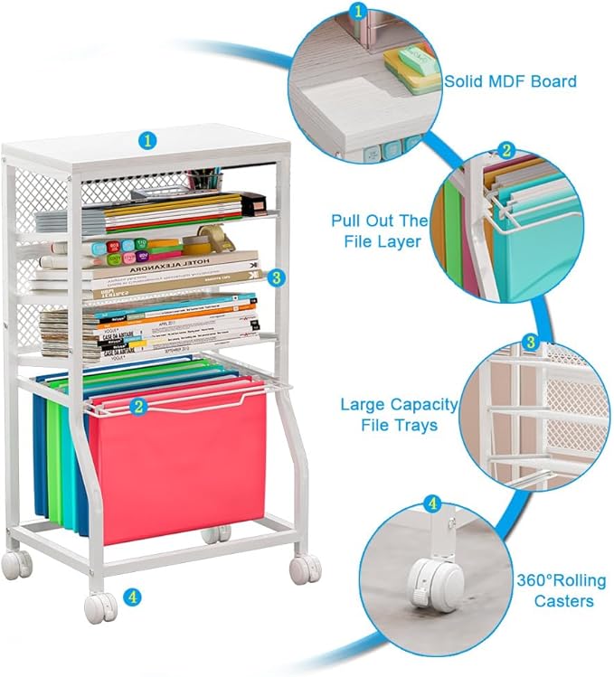 INGIORDAR 5-Tier Rolling File Cart, Under Desk Storage Organizer with Lockable Wheels & Mesh Sliding Trays, Multi-Functional Mobile Utility Cart for Office, Home, School, White