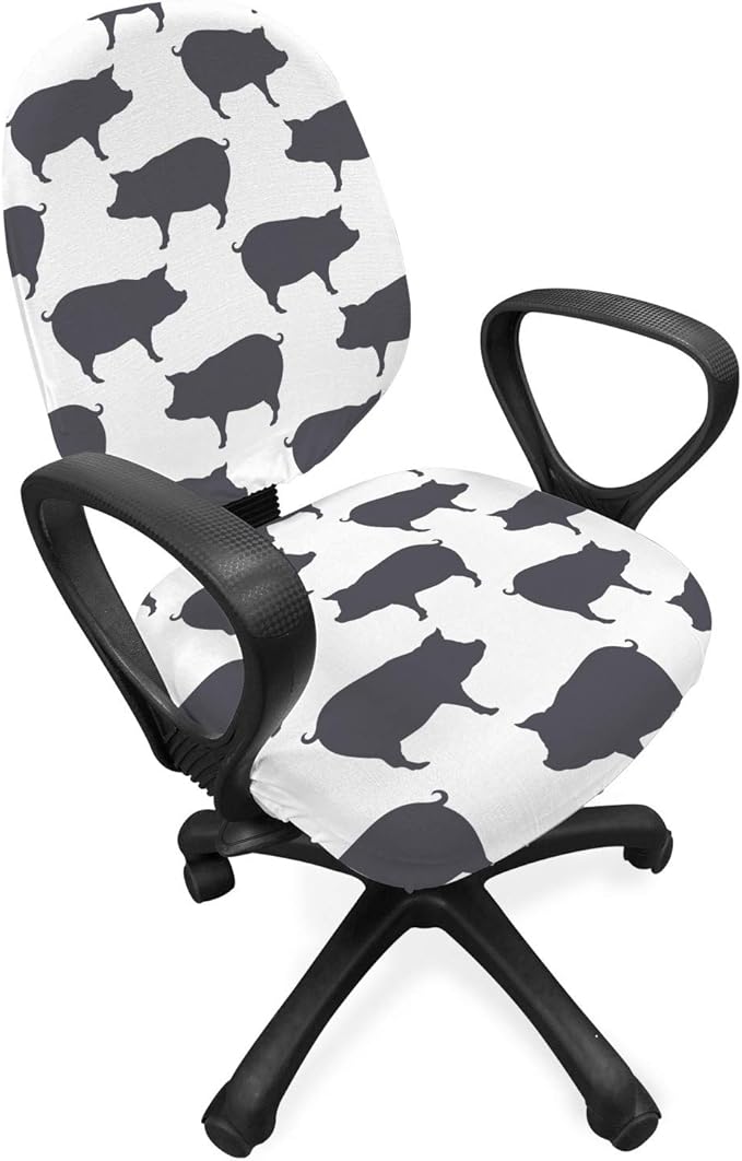 Ambesonne Pig Office Chair Slipcover, Continuous Pig Animal Silhouette Pattern Domestic Mammal Husbandry Concept, Protective Stretch Decorative Fabric Cover, Standard Size, Grey and White