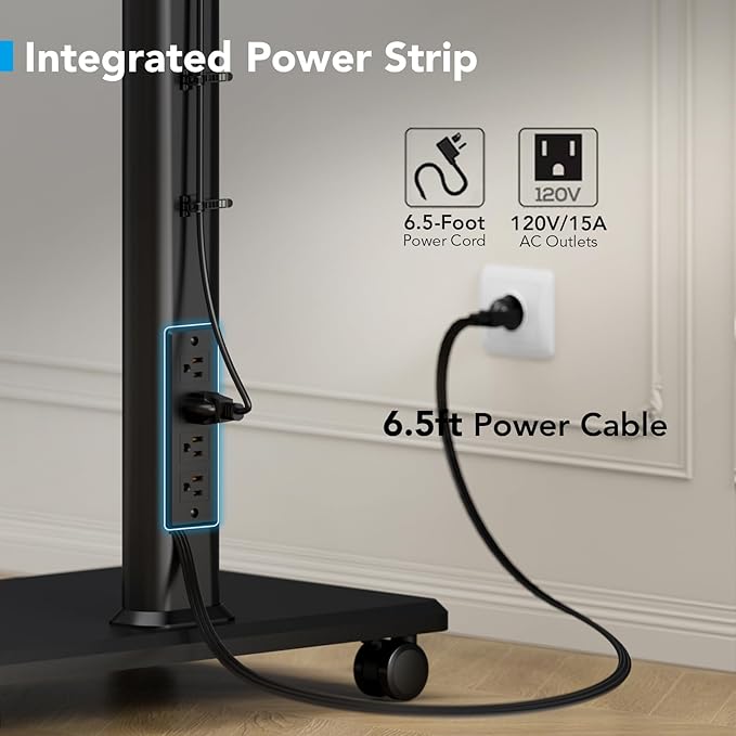 AX WABER Mobile TV Stand with Power Outlets, Floor Portable TV Stand with Wheels for 27-65Inch LCD LED OLED Flat/Curved Panel Screen TVs, Swivel,Height Adjustable&Wood Base, RollingTV Cart Black