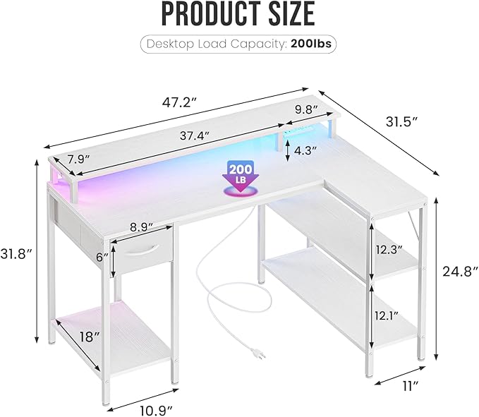 DUMOS 47” Gaming Desk with USB Charging Ports & LED Lights, Reversible L Shaped Desks Computer Corner Gamer Table with Power Outlets Monitor Stand Storage Shelves for Home Office Small Space, White