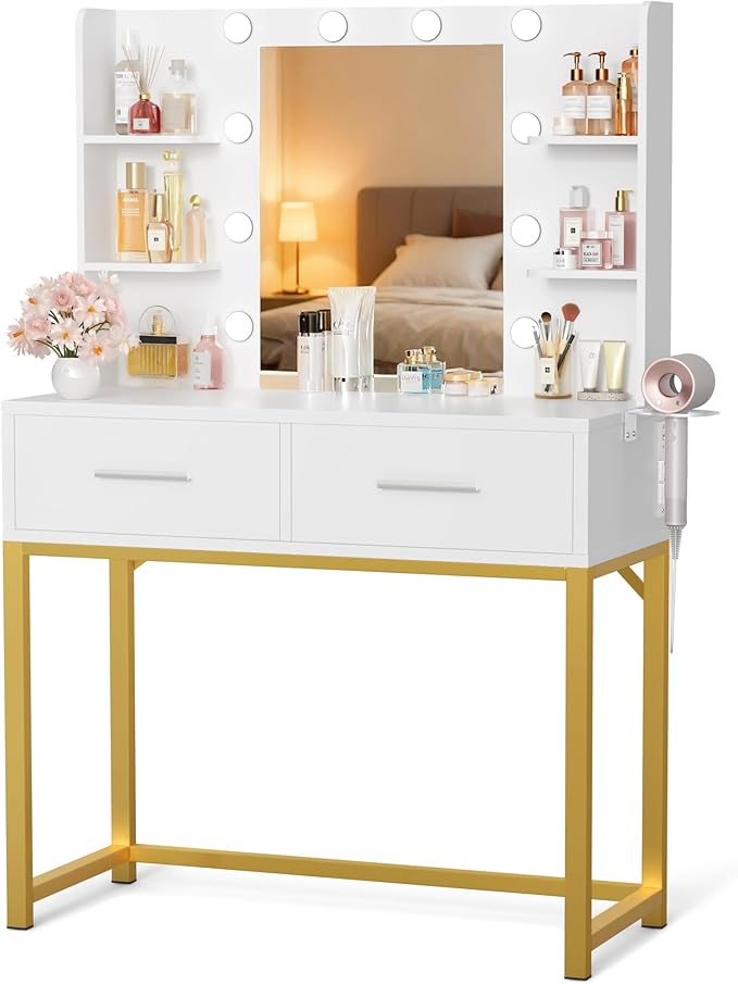 YESHOMY Vanity Desk with Mirror, Makeup Table with 2 Large Drawers, Power Outlet and Round Holder, 3 Color Modes Adjustable Bulb, White & Gold Frame