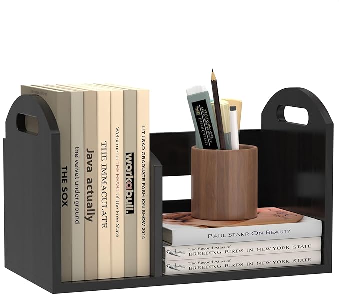 Wood Desktop Bookshelf, Upright Tabletop Book Shelf With Adjustable Divider Secure Books in Place, Desk Shelf for Top of Desk in Living Room Home Office, Perfect for Books Magazine File (Black)