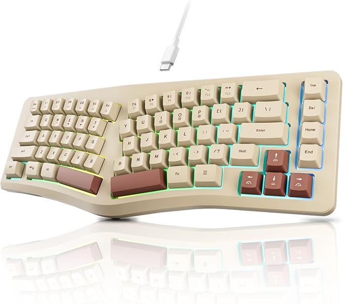 7KEYS Wired Ergonomic Keyboard, Compact Mini Split Keyboard 69 Keys, 14+ RGB Backlight, Detachable USB Type-C Cable, Natural and Comfortable Typing for Desktop PC Laptop Windows MAC (Retro Beige)