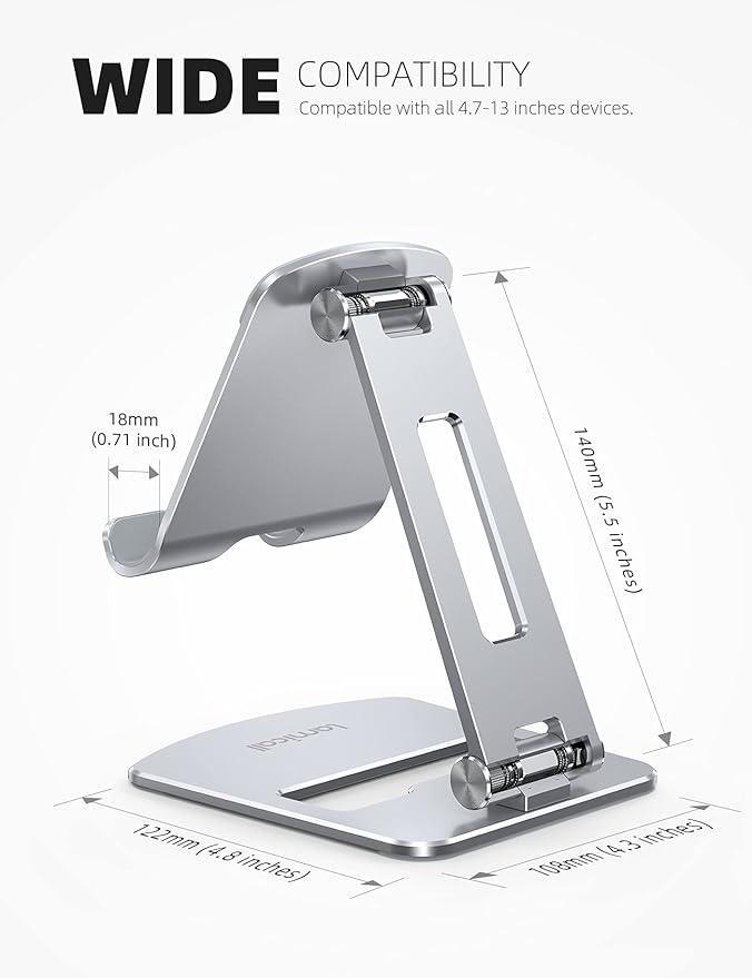 Lamicall Adjustable Tablet Stand Holder - Foldable Phone Dock, 360°Rotating Desktop Tablet Mount Gifts, for 4.7-13" Tablets, iPad Pro 11, 12.9 Air Mini, Tabs, Kindle, iPhone Air 17 Pro Max, Silver