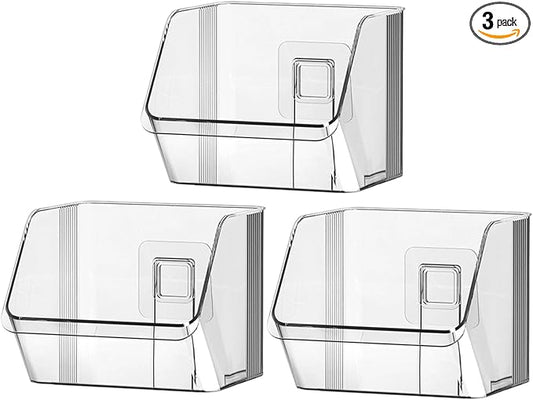 3 Pack Clear Plastic Wall Mount Storage Bins,Spice Rack Kitchen Organization and Storage,Organizing Small Items No Drilling Hang Walls/Doors for Bathroom, Bedroom, Office,Space-saving