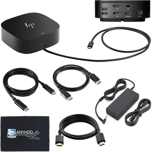 HP Docking Station for Laptop Dual Monitor and Charging Bundle - HP Dock 5TW10AA / 5TW10UT / 5TW10AA#ABB with 120W Adapter + HDMI Cable + DisplayPort Cable + USB-C Cable + Microfiber Cloth (Renewed)
