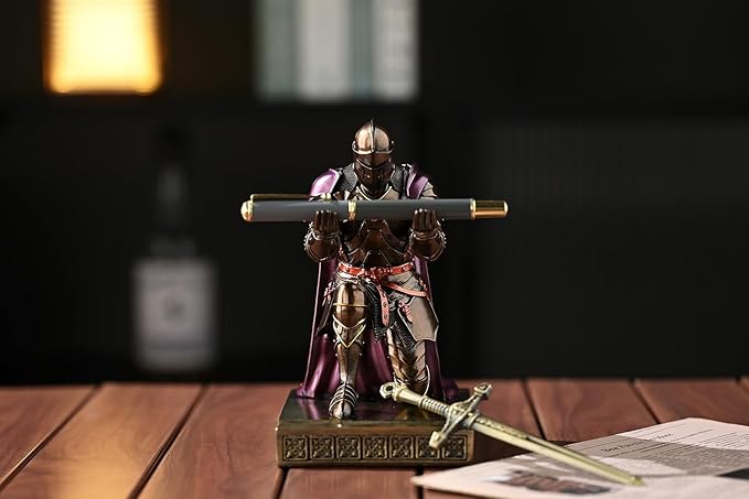 Medieval Armored Warrior Wearing Outerwear, Mobile Phone Stand Knight Pen Holder Desk Organizers, Resin Bookends Paperweight with a Letter Opener for Desk (Brown&Purple)