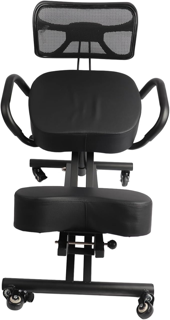 Ergonomic Height Adjustable Breathable Kneeling Chair Back Support Kneeling Chair with Leather Cushion Comfortable Mesh Backrest, Spine Alignment Support