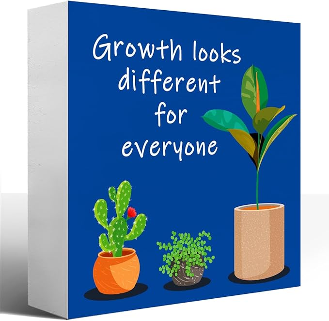 LVQHI Blue Inspirational Desk Sign,Growth Looks Different for Everyone Plant Motivational Wooden Block Sign for Home Bedroom Office Desk Decor 5“L x 5"W x 1.2"H