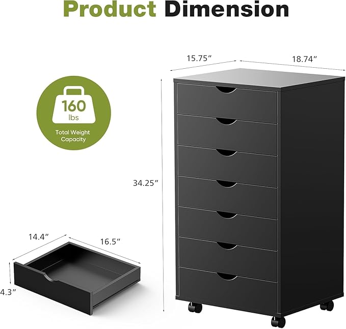 7 Drawer File Cabinet, Under Desk Storage Organization with Wheels, Mobile Filing Chest for Small Desk Printer Stand for Home Office, Black