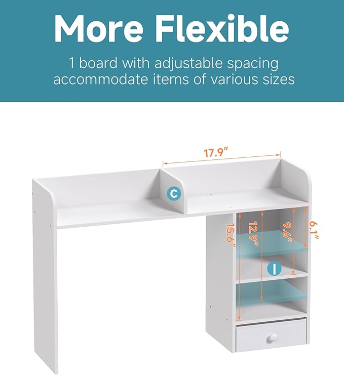 LAND·VOI Desktop Bookshelf with Drawer, Desk Hutch with 4 Storage Shelves for Computer Desk, Desk Shelf for Home Office Dorm, Dressing Tabletop, Bar Countertop, White