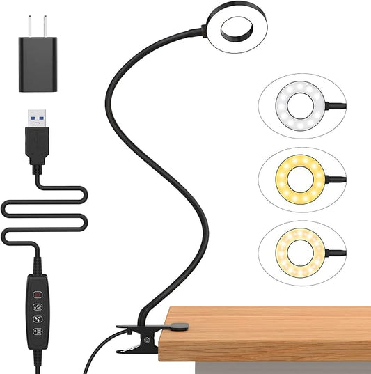 iZELL Desk Lamp, LED Reading Light with Clamp, 3 Color Modes & 10 Brightness Flexible Arm Book Light for Kids Reading Book in Bed at Night Clip on Table, Computer, Zoom Meetings - 27.6‘’ Black