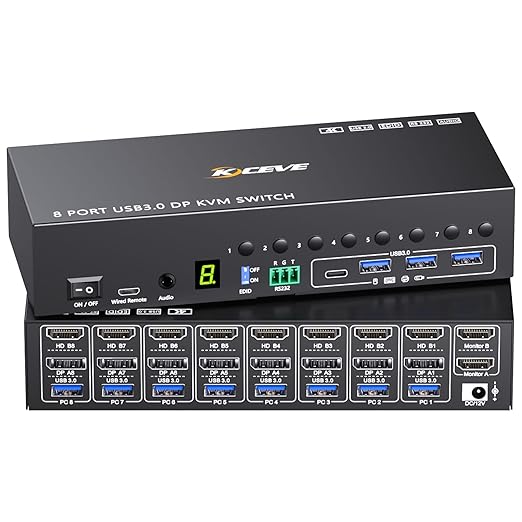 8 Port HDMI Displayport KVM Switch 2 Monitors 8 Computers 4K@60Hz EDID Simulation,8 PC Dual Monitor KVM Switch with 4 USB 3.0 Ports,Audio,RS232,with Wired Remote,12V Power Adapter and 8 USB Cable