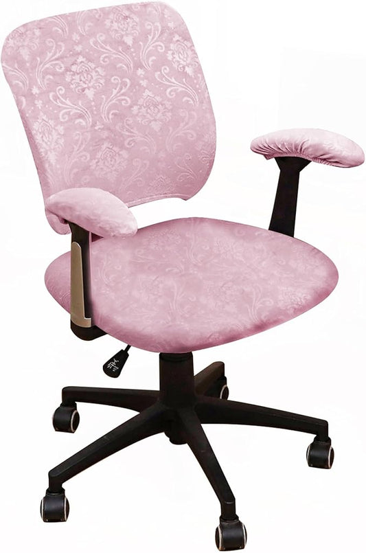 4 Pieces Office Chair Cover for Desk Chair Back and Seat with Armrest Covers Stretch Velvet Embossing Pink Split Office Chair Slipcovers Set Washable