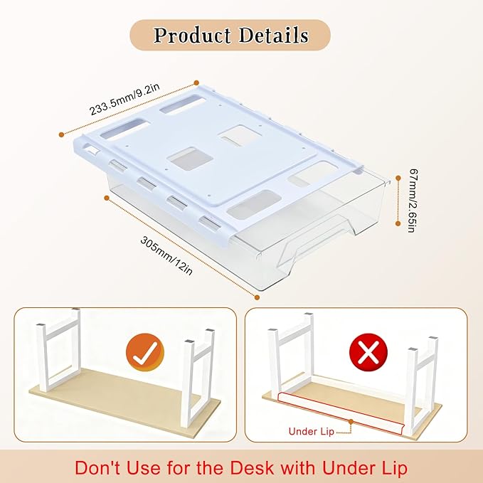 Under Desk Drawer Organizer, Self Adhesive Hidden Drawer Storage, Slide Out Desk Organizer, Space Saving Pencil & Accessories Organizer, Under Table Storage for Home Office & School, Clear