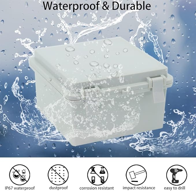 Junction Box, Hinged Cover IP67 Waterproof ABS Project Box with 2 NPT 1/2" Cable Gland, Electrical Box Enclosure with Mounting Plate & Wall Bracket 5.9 x 5.9 x 3.5inch(150x150x90mm)