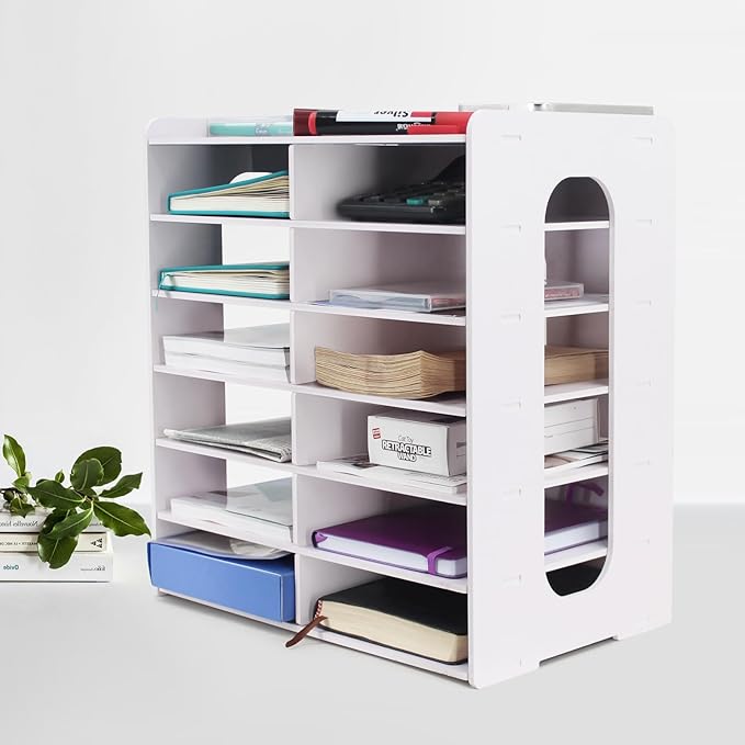 SONGWAY Desktop Mail Sorter Organizer - Small File Organizer for Desk, Desk Bills Storage, 12 Slots Ink Pad and Stamp Pad Storage Rack