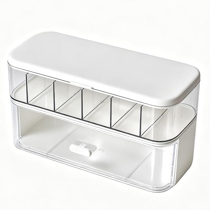 Cord Organizer Box with Lid, Stackable Cable & Charger Organizer, Clear Cable Management Box with 6 Compartment for Office, Desk, Drawer