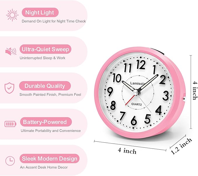 Lamisola Small Desk Clock, Battery Operated Travel Clock, Pink Analog Alarm Clock for Bedroom Home Office Bathroom Kitchen, Silent Large Display- Pink